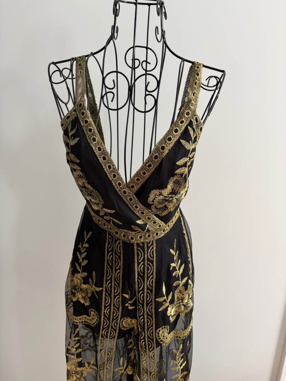 Honey Punch Black Strapless Maxi Dress with Gold Floral Embroidery